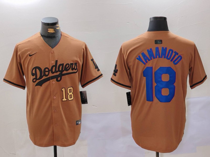 Men Los Angeles Dodgers #18 Yamamoto army green joint name 2024 Nike MLB Jersey style 5